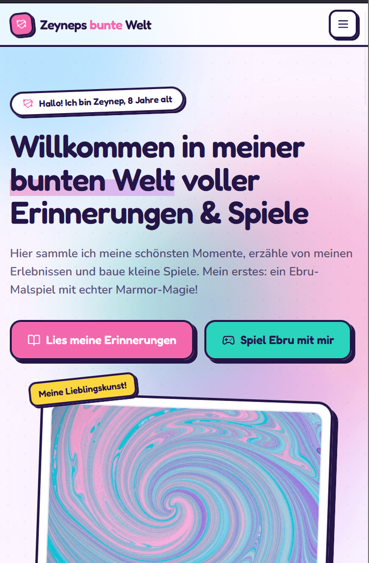 Startseite von zeynepalya.com in der Mobilansicht, mit der Überschrift „Willkommen in meiner bunten Welt voller Erinnerungen & Spiele" und einem marmorierten Bild