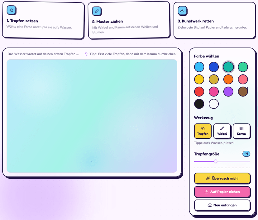 Das Ebru-Spiel im Browser: Farbauswahl, die Werkzeuge Tropfen, Wirbel und Kamm, ein Regler für die Tropfengröße und die Wasserfläche zum Malen